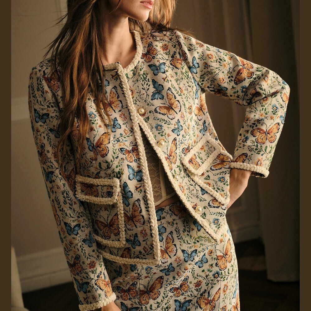 Cream Butterfly Patterned Tweed Pearl Button Boucle Trim Cropped Jacket